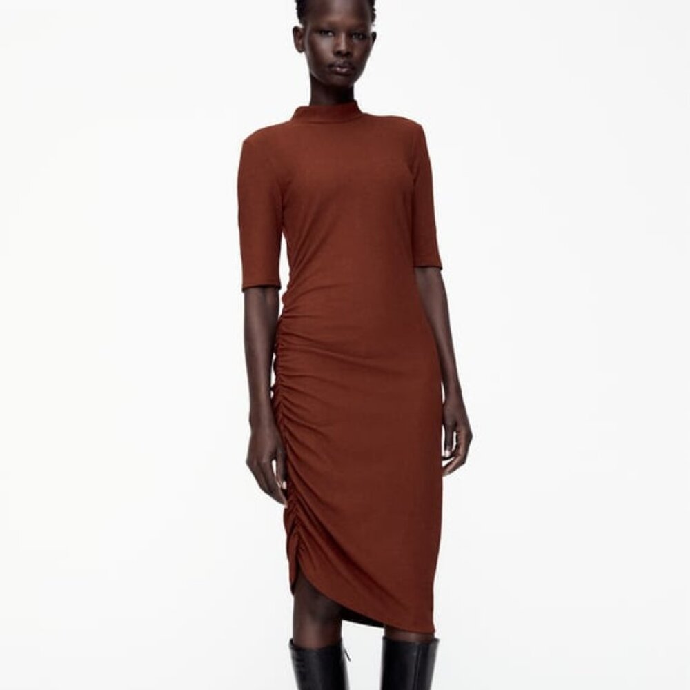 ZARA Mock-Neck Short Sleeve Dress with Ruching